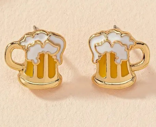 Beer Stein Cheers Design Gold Plated Small Stud Earrings