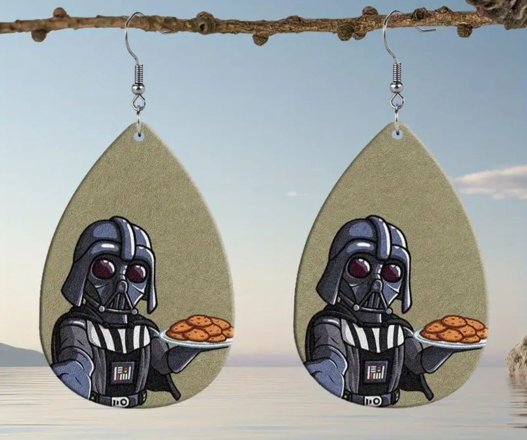 Darth Vader With Cookies Design Star Wars Inspired Wooden Lightweight Drop Dangle Earrings