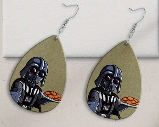 Darth Vader With Cookies Design Star Wars Inspired Wooden Lightweight Drop Dangle Earrings