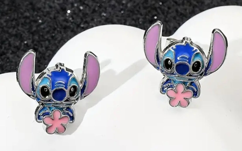 Stitch Holding Flower Inspired Enamel Silver Plated Stud Earrings