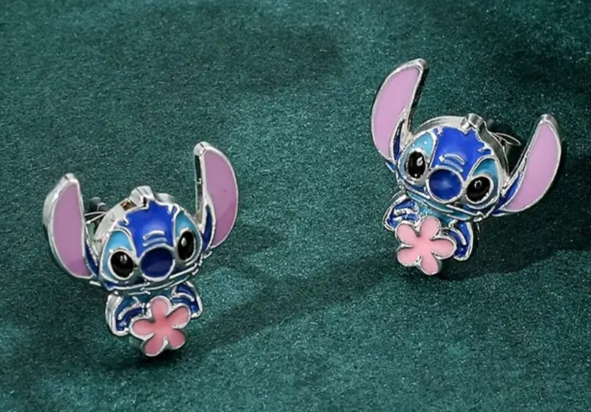 Stitch Holding Flower Inspired Enamel Silver Plated Stud Earrings