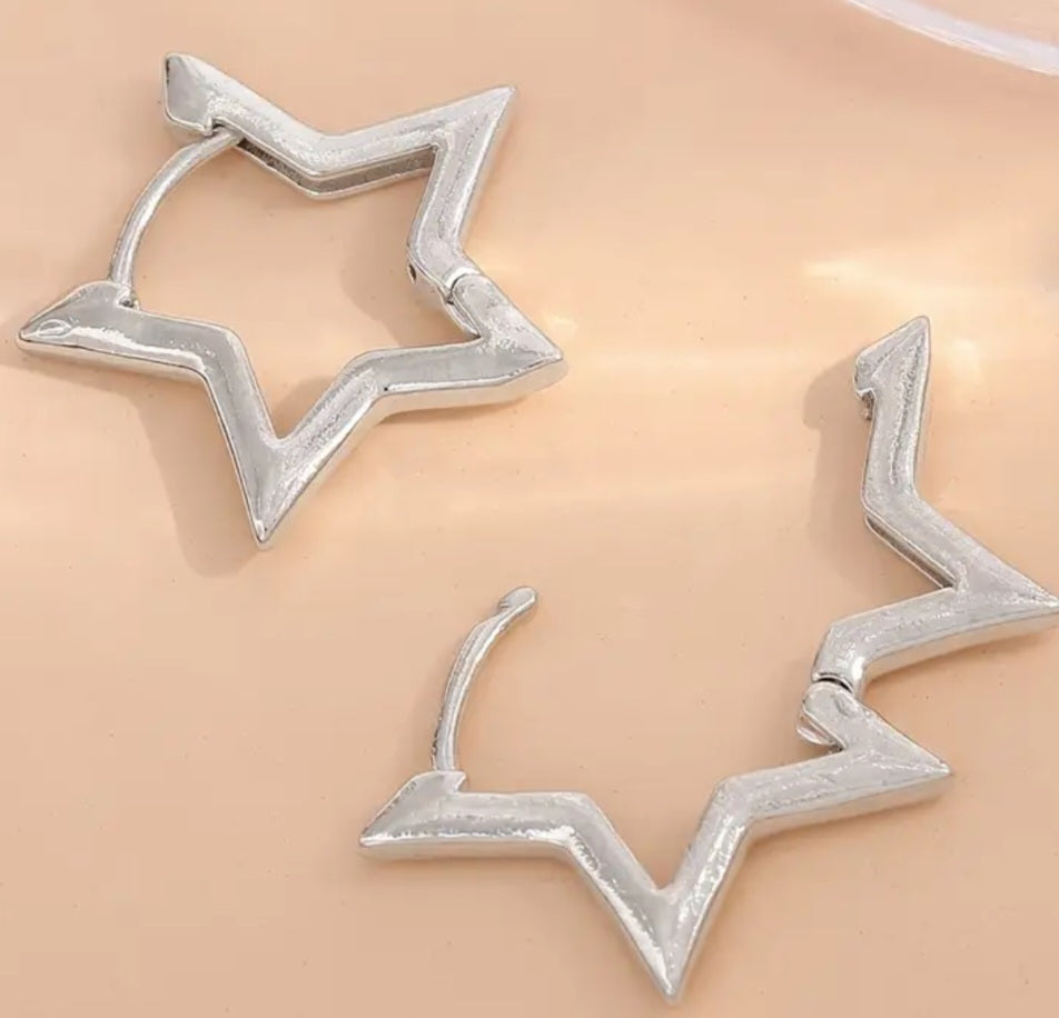 Silver Plated Star Design Cuff Huggie Style Earrings