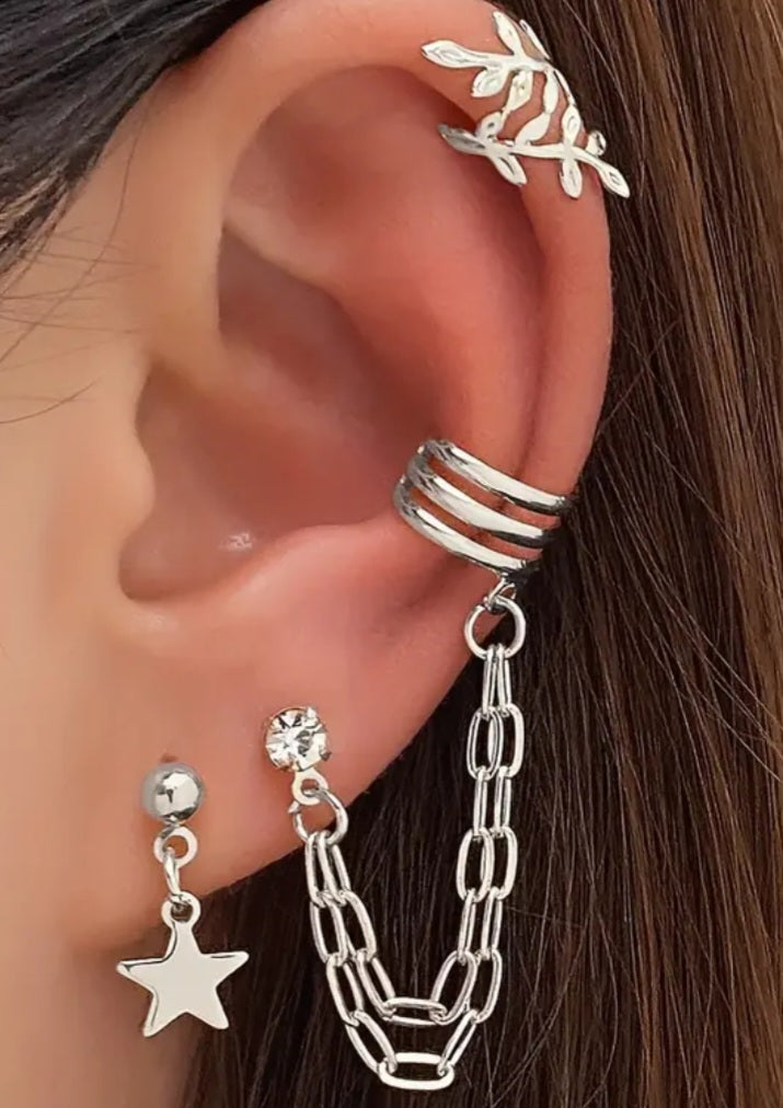 Ear Curration 3 Piece Cuff Stud Dangle Rhinestine Silver Plated Set