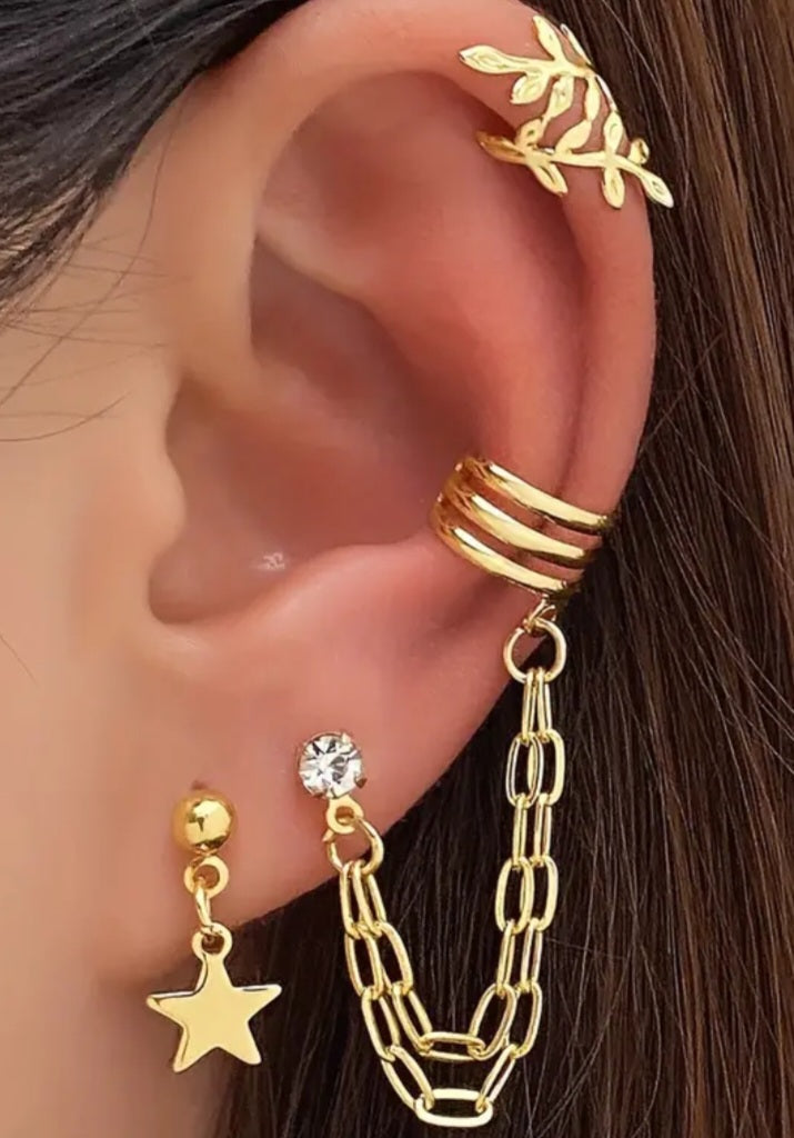 Ear Curration 3 Piece Cuff Stud Dangle Rhinestine Gold Plated Set