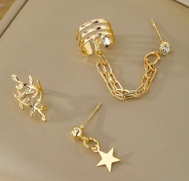 Ear Curration 3 Piece Cuff Stud Dangle Rhinestine Gold Plated Set