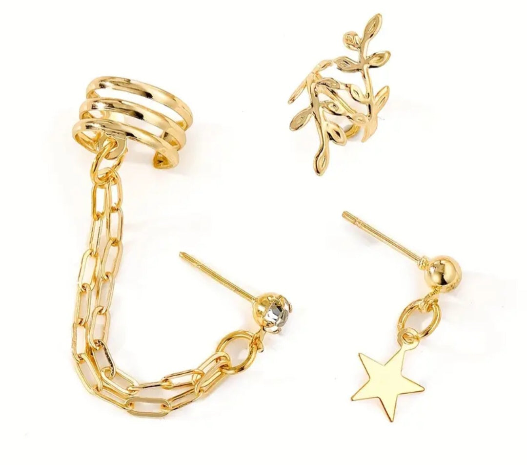 Ear Curration 3 Piece Cuff Stud Dangle Rhinestine Gold Plated Set