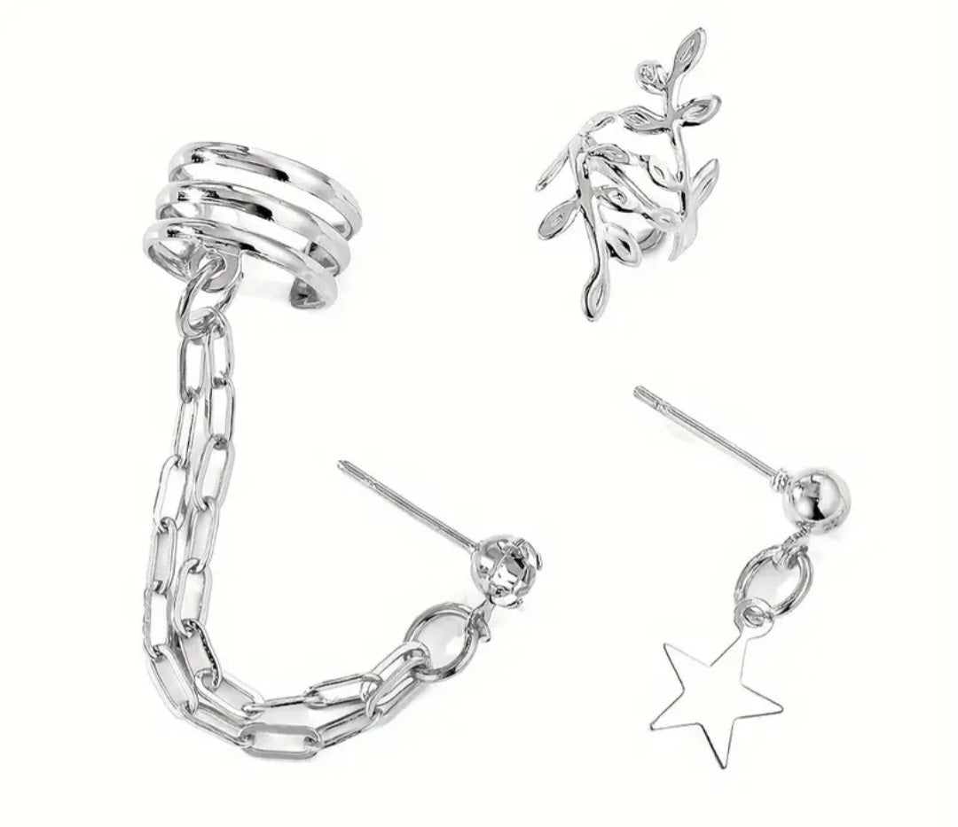 Ear Curration 3 Piece Cuff Stud Dangle Rhinestine Silver Plated Set