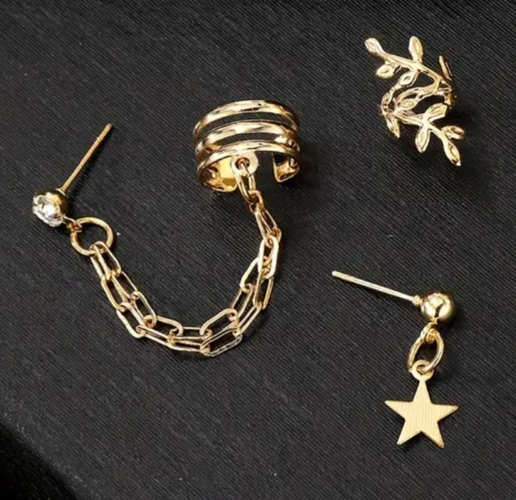 Ear Curration 3 Piece Cuff Stud Dangle Rhinestine Gold Plated Set