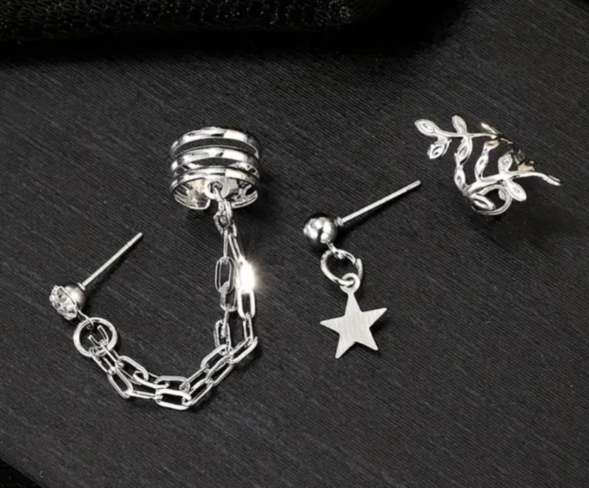 Ear Curration 3 Piece Cuff Stud Dangle Rhinestine Silver Plated Set