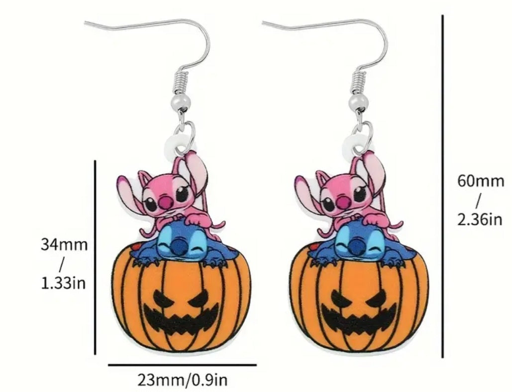 Acrylic Stitch Angel Pumpkin Halloween Inspired Design Drop Dangle Earrings