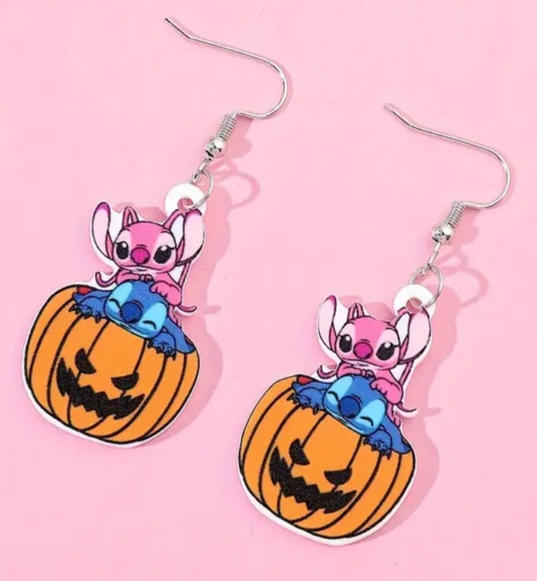 Acrylic Stitch Angel Pumpkin Halloween Inspired Design Drop Dangle Earrings