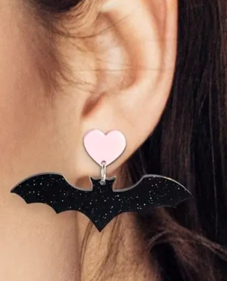 Acrylic Bat Black Glitter Pink Heart Design Gothic Halloween Drop Dangle Drop Earrings