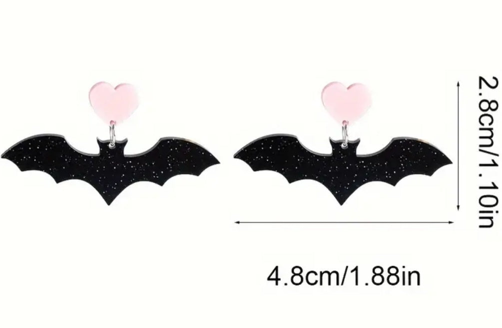 Acrylic Bat Black Glitter Pink Heart Design Gothic Halloween Drop Dangle Drop Earrings