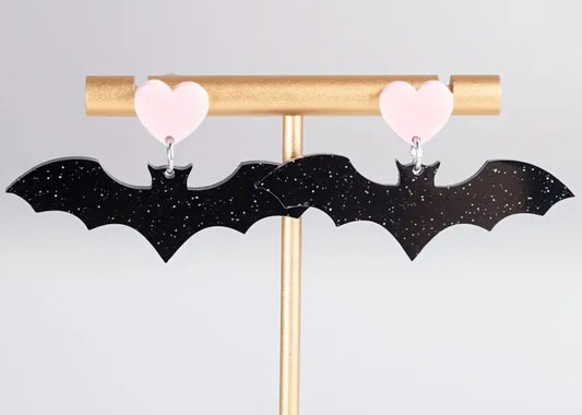 Acrylic Bat Black Glitter Pink Heart Design Gothic Halloween Drop Dangle Drop Earrings