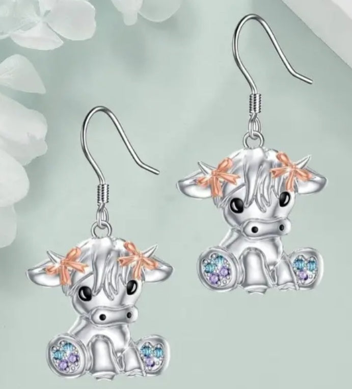 Highland Baby Cow Calf Design Silver Plated Rhinestone Inlay Drop Dangle Earrings