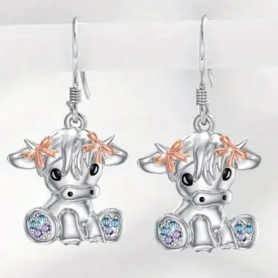 Highland Baby Cow Calf Design Silver Plated Rhinestone Inlay Drop Dangle Earrings