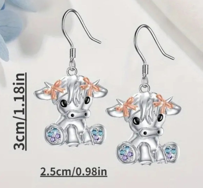 Highland Baby Cow Calf Design Silver Plated Rhinestone Inlay Drop Dangle Earrings