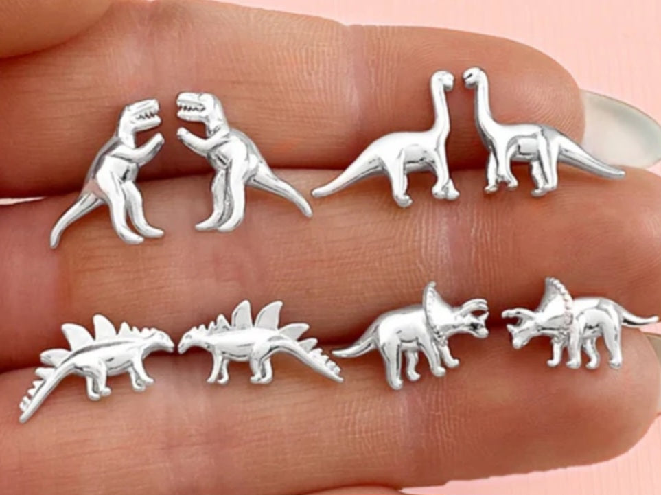 3 Pairs Dinosaur Silver Plated Tiny Stud Earrings