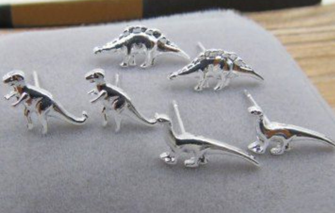 3 Pairs Dinosaur Silver Plated Tiny Stud Earrings