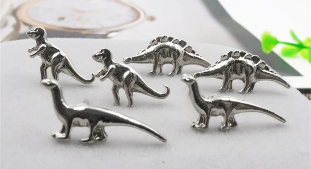 3 Pairs Dinosaur Silver Plated Tiny Stud Earrings