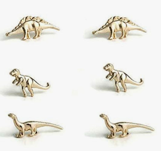 3 Pairs Dinosaur Gold Plated Tiny Stud Earrings