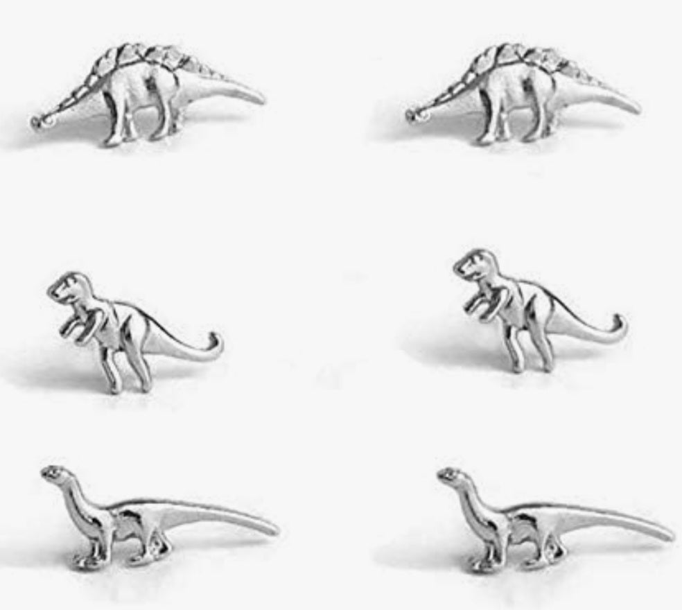 3 Pairs Dinosaur Silver Plated Tiny Stud Earrings