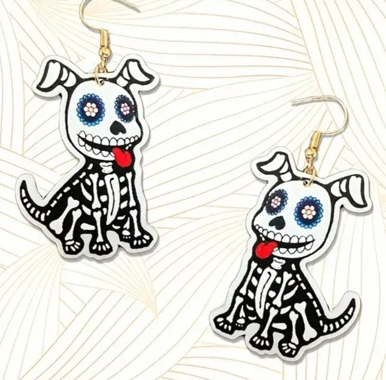 Acrylic Halloween Punk Skeledog Sugar Skull Skeleton Dog Puppy Design Dangle Earrings