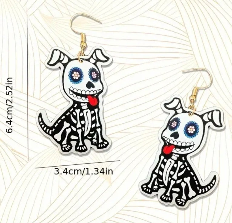 Acrylic Halloween Punk Skeledog Sugar Skull Skeleton Dog Puppy Design Dangle Earrings