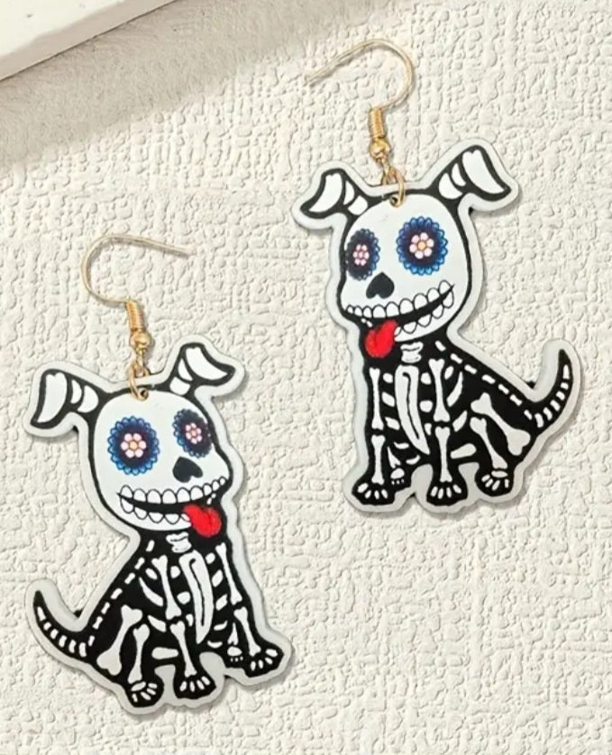 Acrylic Halloween Punk Skeledog Sugar Skull Skeleton Dog Puppy Design Dangle Earrings