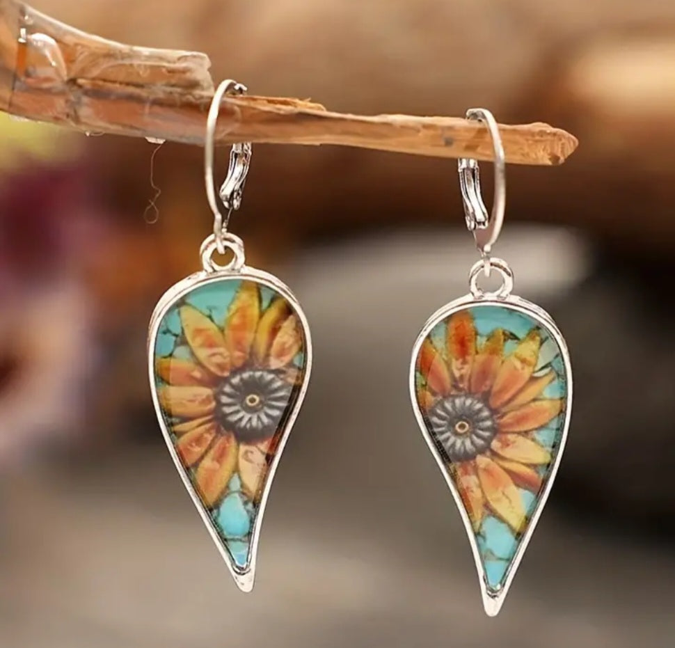 Bright Flower Sunflower Floral Design Tear Drop Metal Dangle Earrings