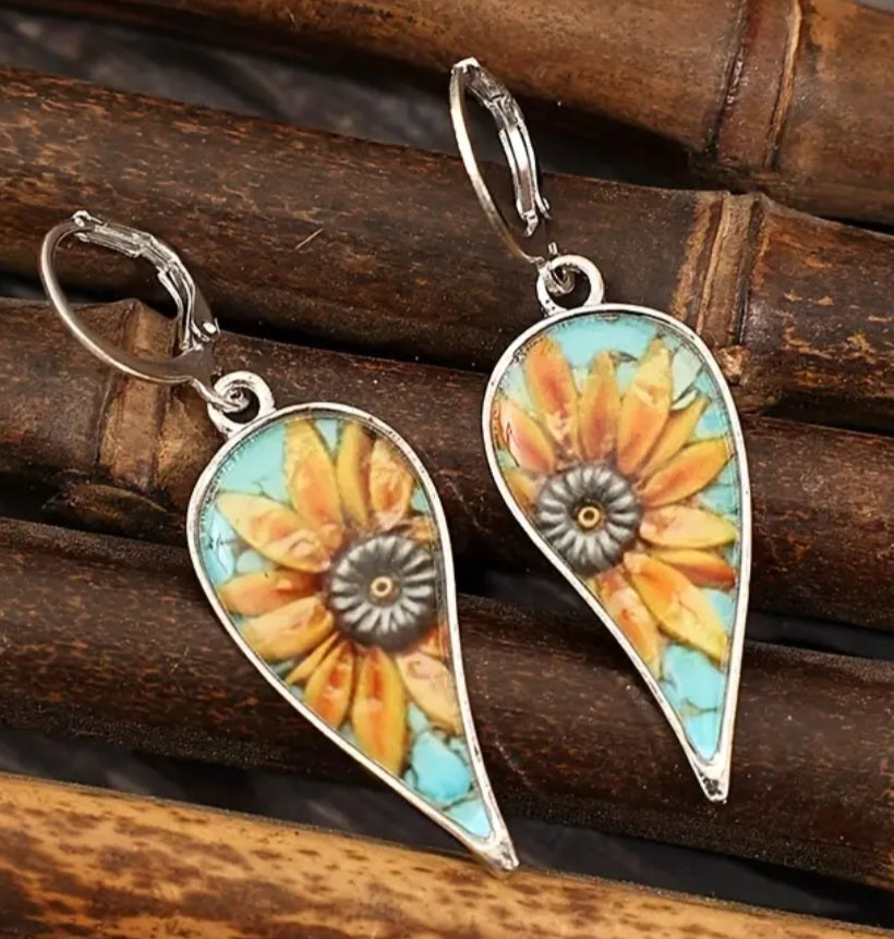 Bright Flower Sunflower Floral Design Tear Drop Metal Dangle Earrings