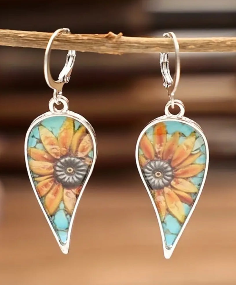 Bright Flower Sunflower Floral Design Tear Drop Metal Dangle Earrings