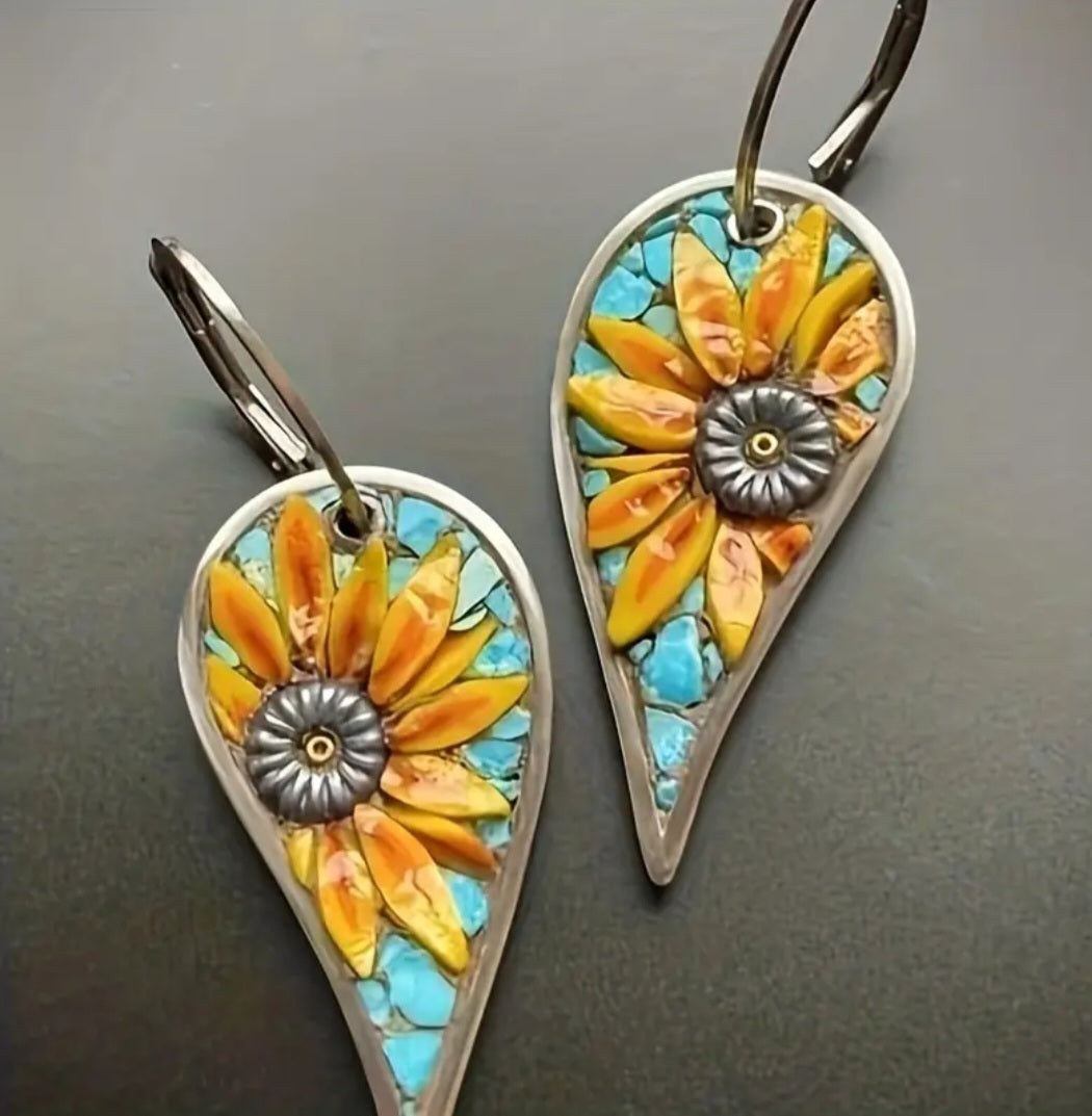 Bright Flower Sunflower Floral Design Tear Drop Metal Dangle Earrings