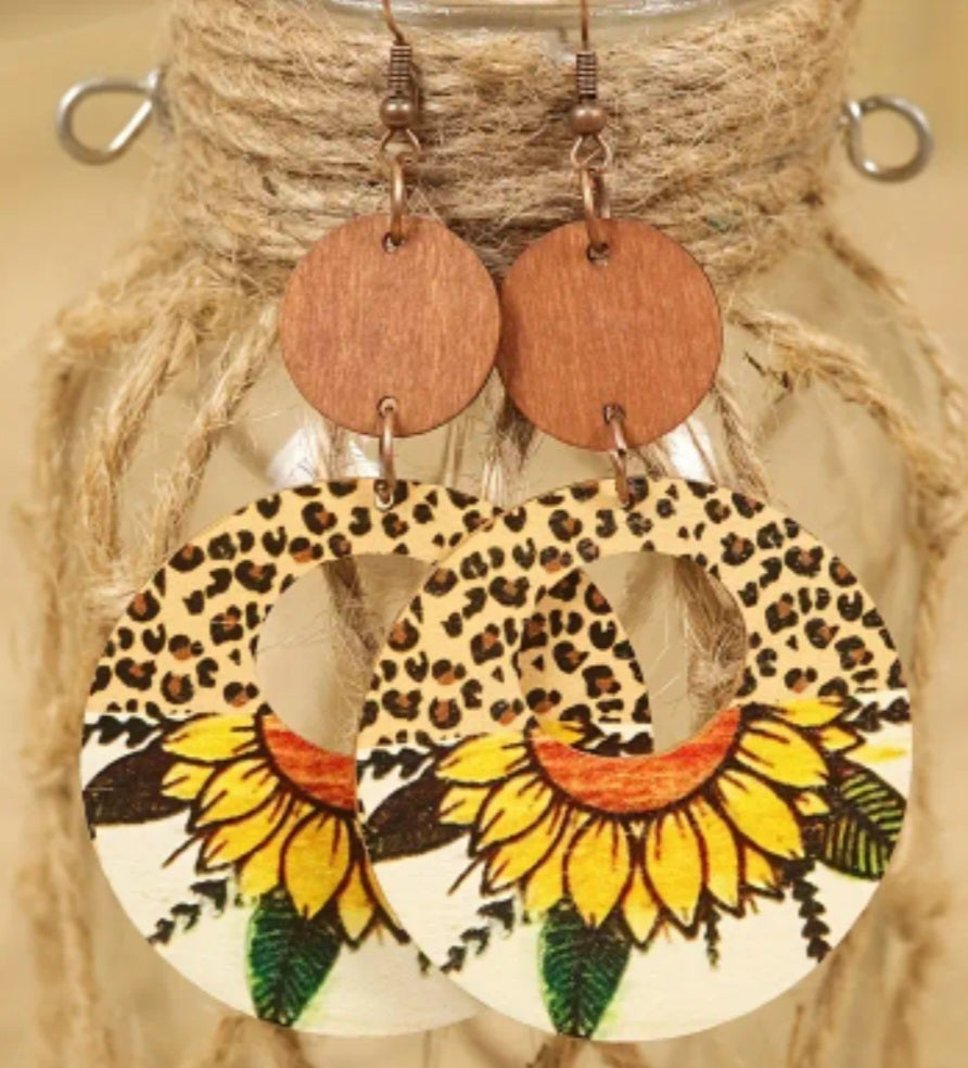 Circle Sunflower Round Design Wooden Drop Dangle Earrings