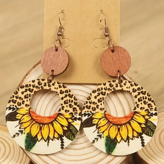 Circle Sunflower Round Design Wooden Drop Dangle Earrings