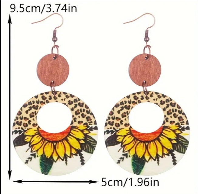 Circle Sunflower Round Design Wooden Drop Dangle Earrings