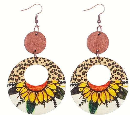 Circle Sunflower Round Design Wooden Drop Dangle Earrings