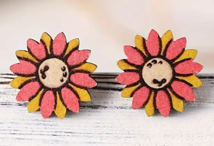 Wooden Pink Yellow Sunflower Floral Design Stud Earrings