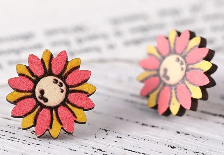 Wooden Pink Yellow Sunflower Floral Design Stud Earrings