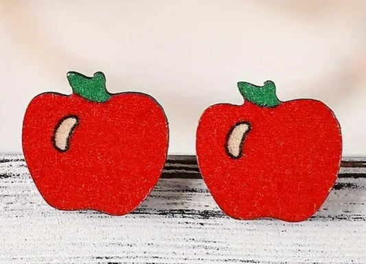 Wooden Red Apple Design Stud Earrings