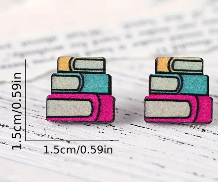 Wooden Books Stack Design Stud Earrings