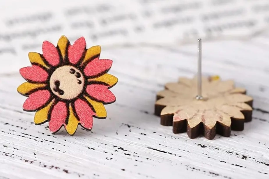 Wooden Pink Yellow Sunflower Floral Design Stud Earrings