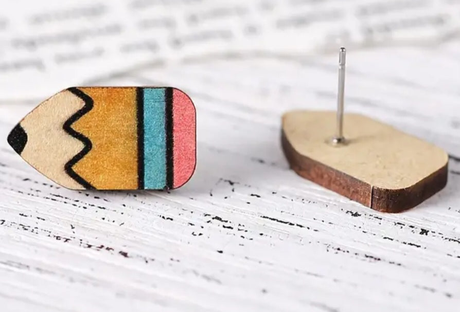 Wooden Pencil Design Stud Earrings