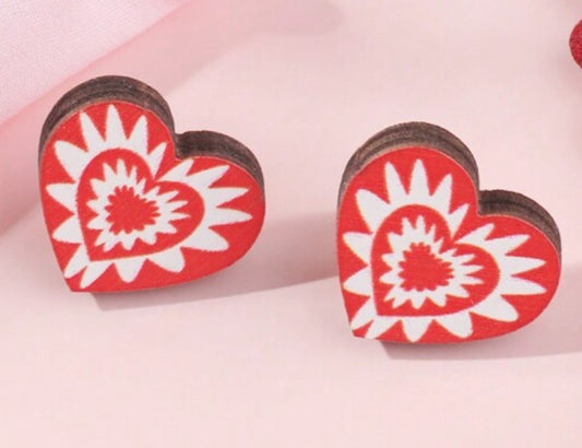 Wooden Fancy Red Heart Design Stud Earrings