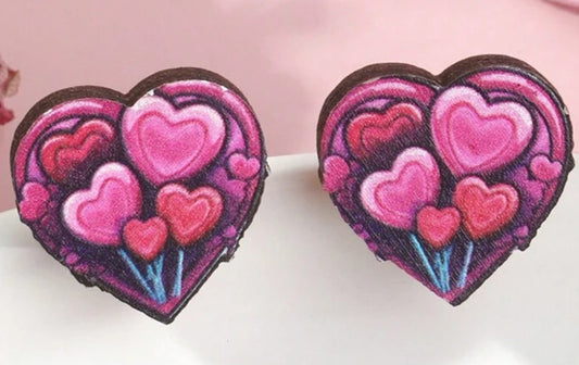 Wooden Fancy Flower Pink Heart Design Stud Earrings