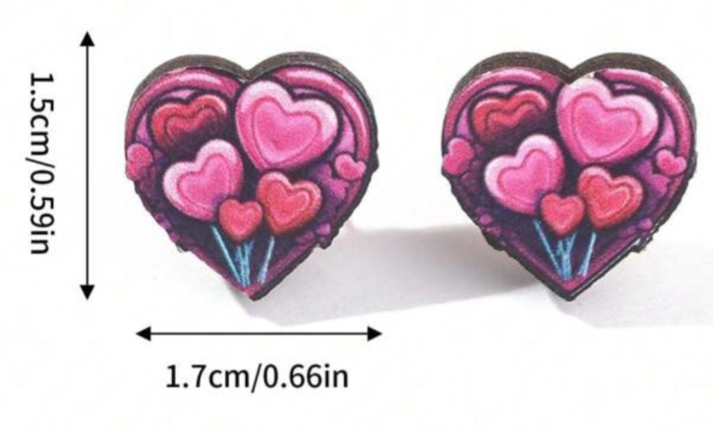 Wooden Fancy Flower Pink Heart Design Stud Earrings