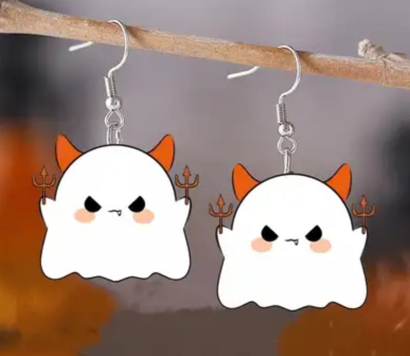 Acrylic Cartoon Devil Ghost With Horns Design Halloween Drop Dangle Earrings