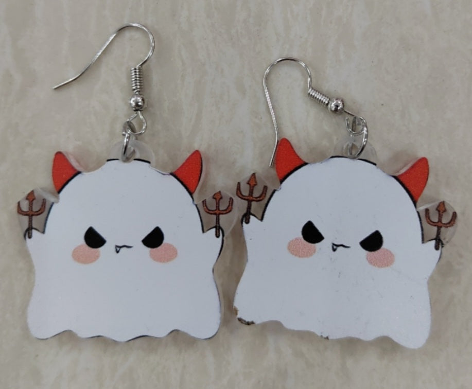 Acrylic Cartoon Devil Ghost With Horns Design Halloween Drop Dangle Earrings