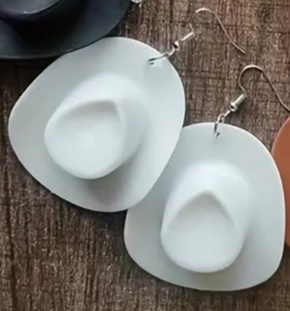 Acrylic Cowboy Hat White Western Design Drop Dangle Earrings