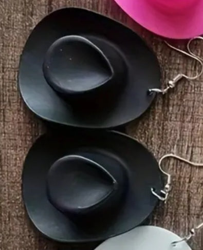 Acrylic Cowboy Hat Black Western Design Drop Dangle Earrings